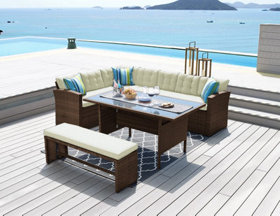 ECASA Vegas Brown Rattan Garden Sofa Dining Set With Bench 9 Seater