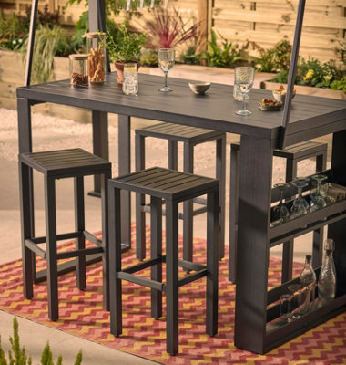 Black garden bar with high bar stools and built-in shelves stocked with glassware.