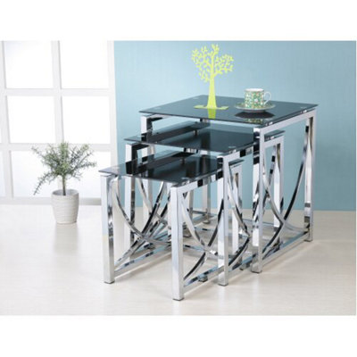 Eclipse Black Glass Nest of Coffee Tables 3 Modern Nesting Table Set Side Table