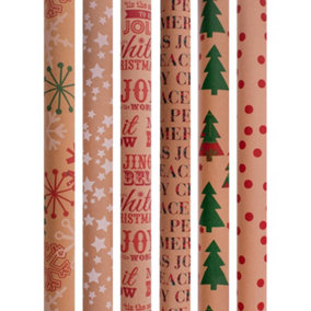 Eco Craft Christmas Wrapping Paper Brown 21 Metres Gift Wrap Assorted Designs 6 Rolls Festive Presents Recyclable