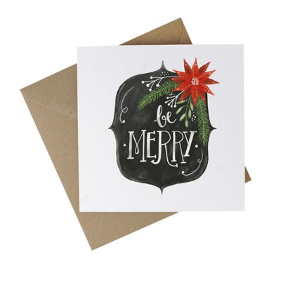 Eco-Friendly Christmas Cards - Recycled Card Plastic Free Xmas Greetings Cards Gift - Be Merry Chalkboard & Flowers- Pack of 10