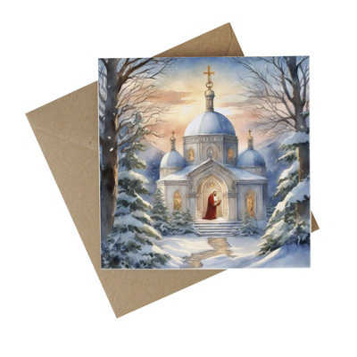 Eco Friendly Christmas Cards - Recycled Card Plastic Free Xmas Greetings Cards Gift - Religious Church Scene - Pack of 10