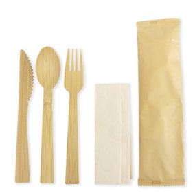 EcoLux 17cm Disposable Bamboo Cutlery Set with Napkin: 50 Packs