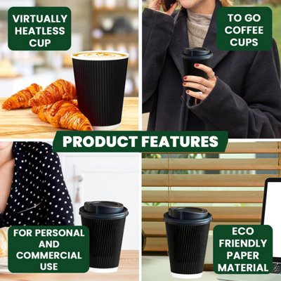 ECONX 100 X 12oz Black Ripple Disposable Coffee Cups with Lids ...