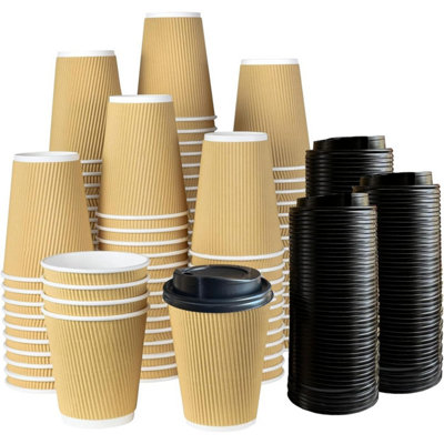 ECONX 12oz Takeaway Coffee Cups with Black Lids Triple Walled Insulated Disposable Ripple Coffee Cups (Pack of 100)