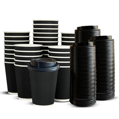ECONX 250 X 12oz Black Ripple Disposable Coffee Cups with Lids ...