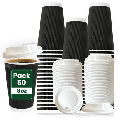 ECONX 50 X 8OZ BLACK TAKEAWAY COFFEE CUPS WITH WHITE LIDS RIPPLE TRIPLE ...