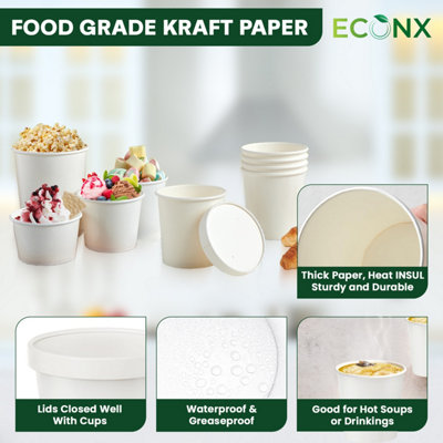ECONX 50 X 8oz White Disposable Soup Bowls with Lids Paper Cups Ice ...