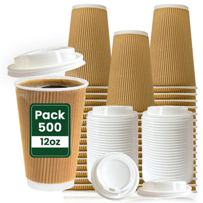 ECONX 500 Pack 12oz Takeaway Brown Coffee Cups with White Lids Triple ...