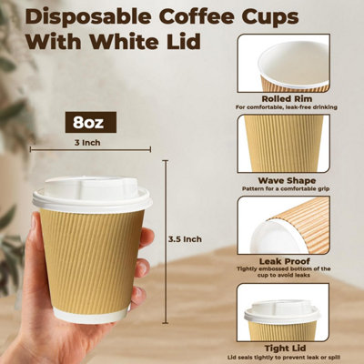 ECONX 8oz Takeaway Coffee Cups with White Lids Triple Walled Insulated Disposable Ripple Coffee Cups Pack