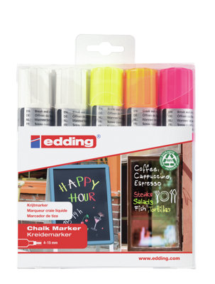 edding 4090 chalk marker pen set - 2 white, 3 neon colours - 5 chalk pens