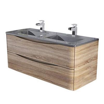 Eden 1200mm Wall Hung Vanity Unit in Light Oak & Grey Glass Basin