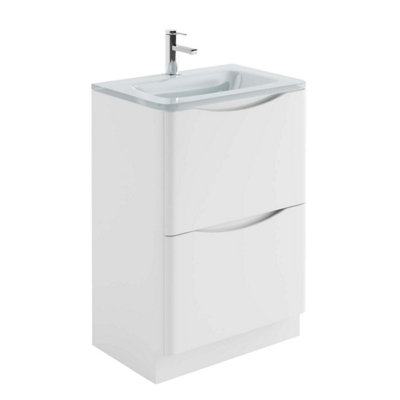 Eden 600mm Floorstanding Vanity Unit in Gloss White & White Glass Basin