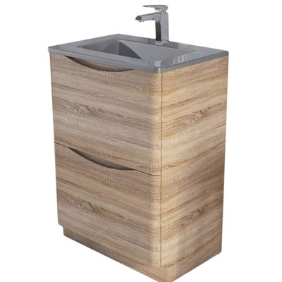 Eden 600mm Floorstanding Vanity Unit in Light Oak & Grey Glass Basin