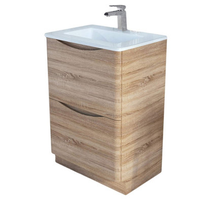 Eden 600mm Floorstanding Vanity Unit in Light Oak & White Glass Basin