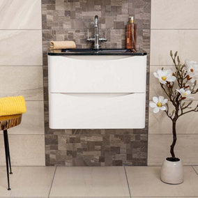 Eden 600mm Wall Hung Vanity Unit in Gloss White & Grey Glass Basin