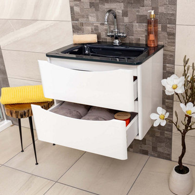 Eden 600mm Wall Hung Vanity Unit in Gloss White & Grey Glass Basin