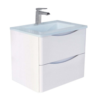 Eden 600mm Wall Hung Vanity Unit in Gloss White & White Glass Basin