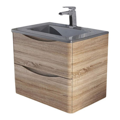 Eden 600mm Wall Hung Vanity Unit in Light Oak & Grey Glass Basin