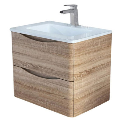 Eden 600mm Wall Hung Vanity Unit in Light Oak & White Glass Basin