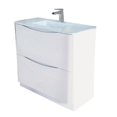 Eden 900mm Floorstanding Vanity Unit in Gloss White & White Glass Basin