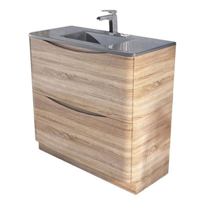 Eden 900mm Floorstanding Vanity Unit in Light Oak & Grey Glass Basin