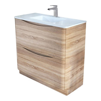 Eden 900mm Floorstanding Vanity Unit in Light Oak & White Glass Basin