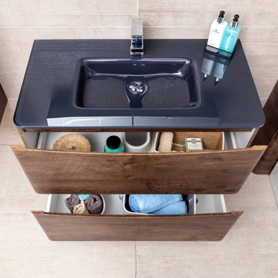 Eden 900mm Floorstanding Vanity Unit in Redwood & Grey Glass Basin