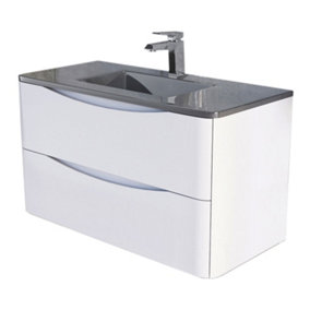 Eden 900mm Wall Hung Vanity Unit in Gloss White & Grey Glass Basin