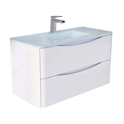 Eden 900mm Wall Hung Vanity Unit in Gloss White & White Glass Basin