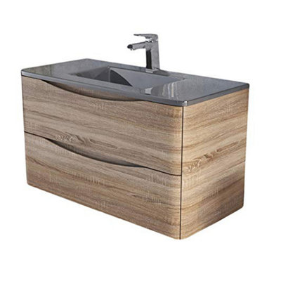 Eden 900mm Wall Hung Vanity Unit in Light Oak & Grey Glass Basin