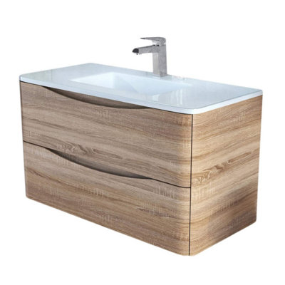 Eden 900mm Wall Hung Vanity Unit in Light Oak & White Glass Basin