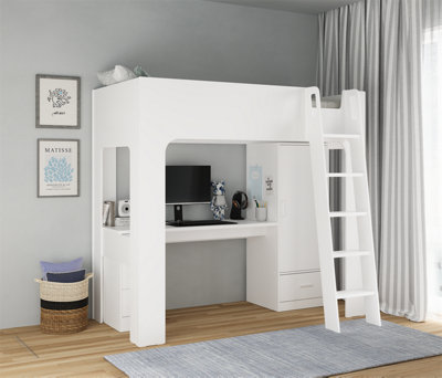 Eden High Sleeper Bed in White with Desk and Storage