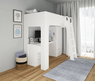 Eden High Sleeper Bed in White with Desk and Storage