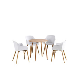 Eden Round Halo Dining Set with Oak Table and 4 White Chairs