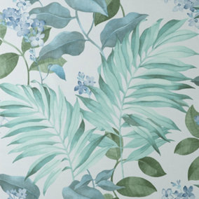 Eden Tropical Grey Wallpaper Crown Textured Green Blue Jungle