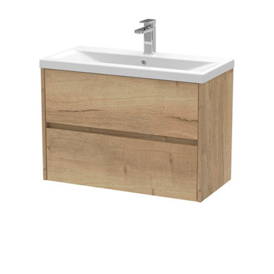 Edge Square Wall Hung 2 Drawer Vanity Unit & Ceramic Basin, 800mm - Woodgrain Autumn Oak - Balterley