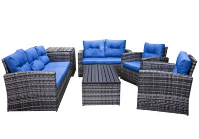 Edgerton Brown Rattan 6pc Sofa Set with 7 seats with blue cushions