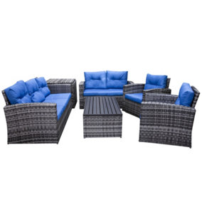 Edgerton Steel Grey Rattan 6pc Sofa Set with 7 seats with blue cushions