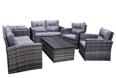 Edgerton Steel Grey Rattan 6pc Sofa Set with 7 seats with grey cushions