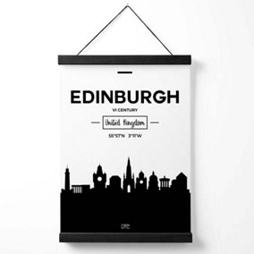 Edinburgh Black and White City Skyline Medium Poster with Black Hanger