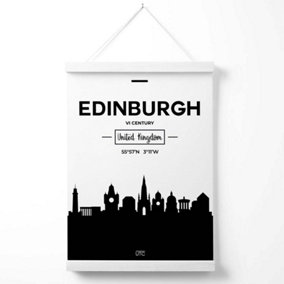 Edinburgh Black and White City Skyline Poster with Hanger / 33cm / White