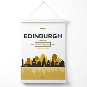 Edinburgh Yellow and Black City Skyline Poster with Hanger / 33cm / White