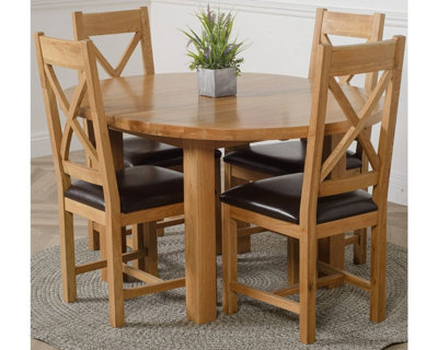 Edmonton 110 - 140 cm Oak Extendable Round Dining Table and 4 Chairs Dining Set with Berkeley Brown Leather Chairs