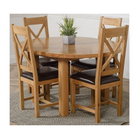 Edmonton 110 - 140 cm Oak Extendable Round Dining Table and 4 Chairs Dining Set with Berkeley Brown Leather Chairs
