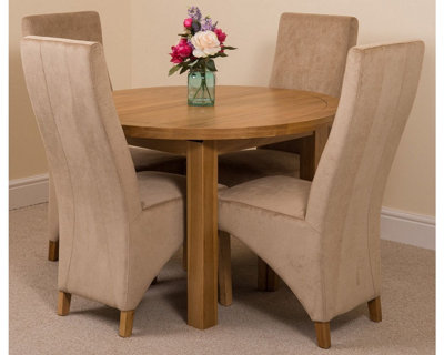 Edmonton 110 - 140 cm Oak Extendable Round Dining Table and 4 Chairs Dining Set with Lola Beige Fabric Chairs