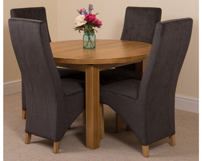 Edmonton 110 - 140 cm Oak Extendable Round Dining Table and 4 Chairs Dining Set with Lola Black Fabric Chairs