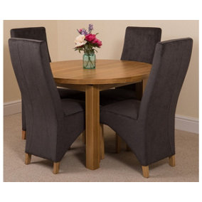 Edmonton 110 - 140 cm Oak Extendable Round Dining Table and 4 Chairs Dining Set with Lola Black Fabric Chairs