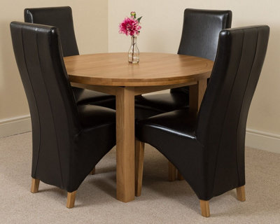 Edmonton 110 - 140 cm Oak Extendable Round Dining Table and 4 Chairs Dining Set with Lola Black Leather Chairs