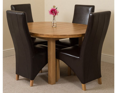 Edmonton 110 - 140 cm Oak Extendable Round Dining Table and 4 Chairs Dining Set with Lola Brown Leather Chairs